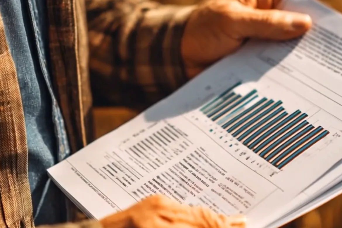 Mãos de produtor rural segurando um relatório financeiro com gráficos